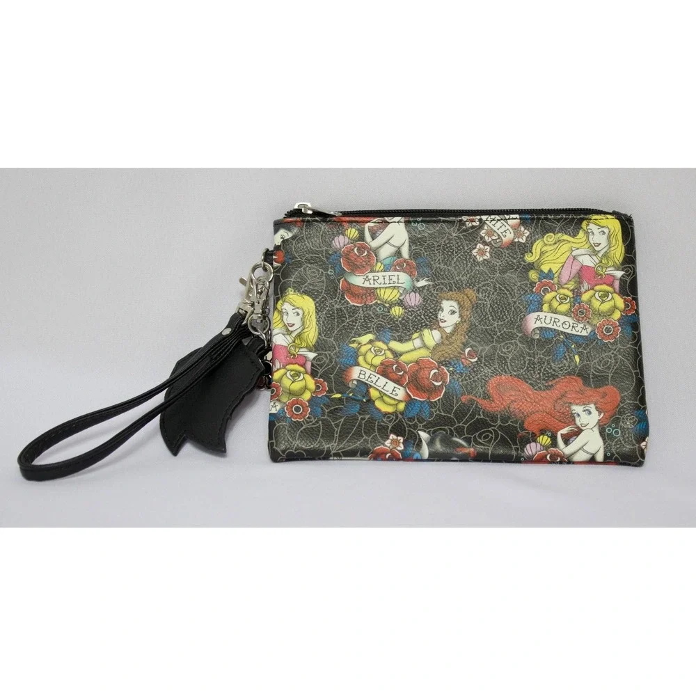 Disney Princess Loungefly Tattoo Print Black Wristlet Zipper‎ Bag with Keychain